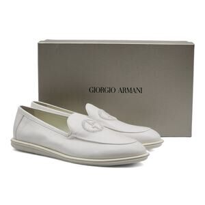 Giorgio Armani Vintage Nappa Leather Loafers with Embroidered Logo White $1150
